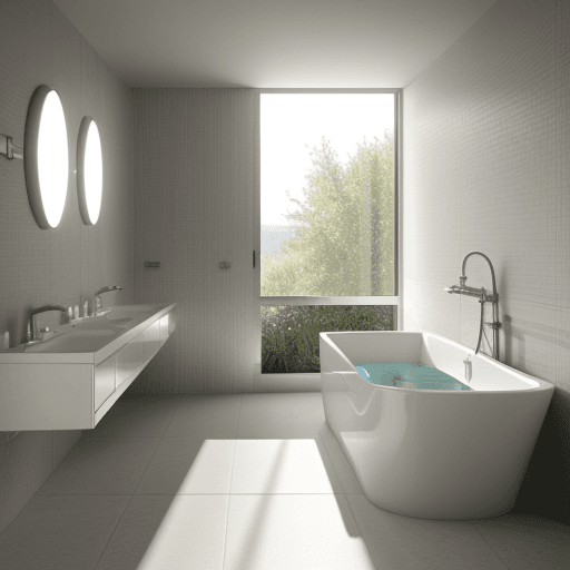 AI generated:  bathroom in modern style, tub and bathroom,bright and fresh lighting High resolution photography in...