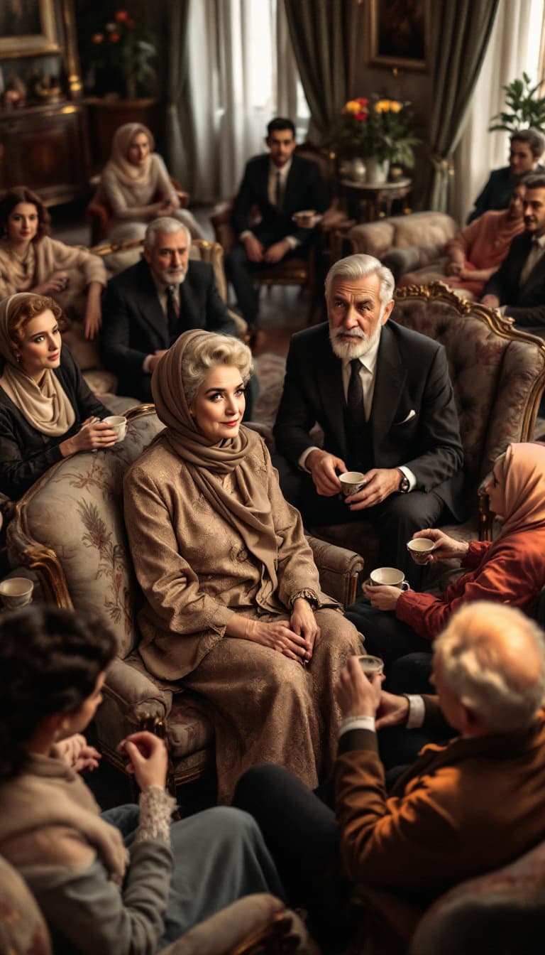 AI generated: high-angle shot of a 1950s Iranian engagement gathering in a spacious, well-decorated traditional ho...