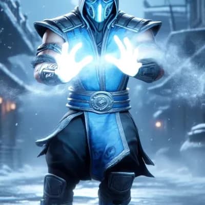 AI generated video: Mysterious ninja freezing the air with ice shards emanating from his hands while snow gently falls a...