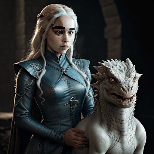 AI generated: Daenerys Targaryen with dragon :: Game of thrones, George R.R. Martin, ultra-wide shot, photorealist...