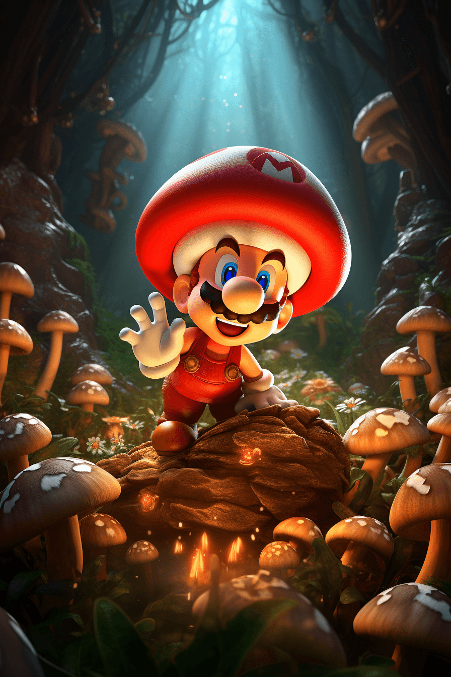 AI generated: Super Mario embarks on a daring mushroom-hunting adventure deep within a mystical forest. The forest...