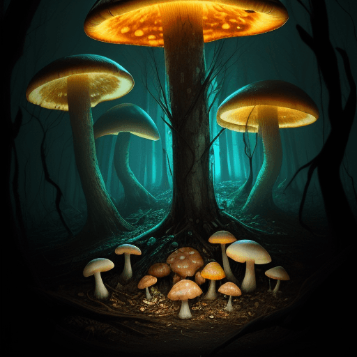 AI generated: A post-apocalyptic forest of gigantic champignon fungi emitting a yellow light, with dead trees fall...