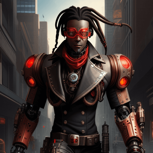 AI generated: steampunk cyborg with robotic with implants coming out of his body black man robotic red visor glass...