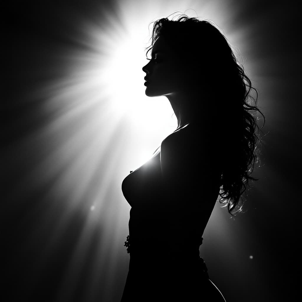 AI generated: black and white photography, fashion editorial, a figure of beautiful woman silhouette stands before...