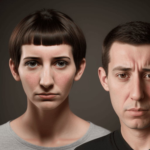 AI generated: tall, ugly young woman with a big nose and very short hair stands frowning. next to her is a very sh...