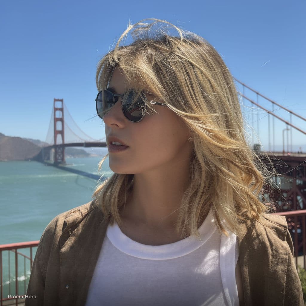 AI generated: beautiful sunny day at san francisco golden gate bridge, wind silghtly blowing her hair