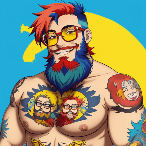 AI generated: Anime style illustration of a bear wearing glasses and beard character with red and blue hair, weari...