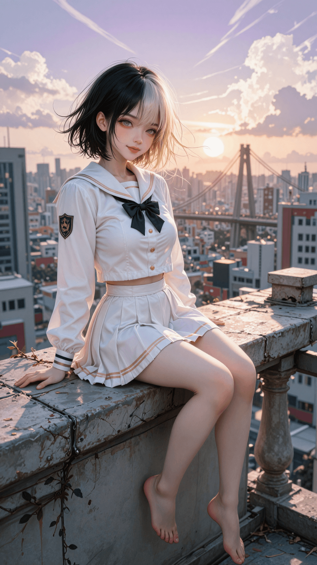 AI generated: A highly detailed, anime-style digital illustration of a beautiful young woman with bicolored hair s...