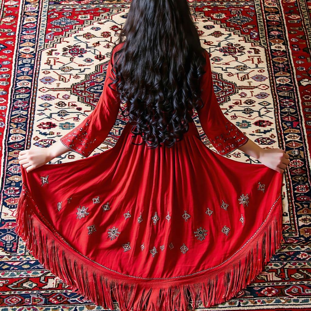 AI generated: An Iranian woman with long, curly black hair wears a detailed red dress inspired by Persian carpets,...