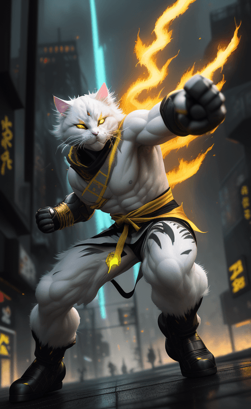 AI generated: painterly style, photorealistic, more colorful, rage white fluffy cat cyber shadow  ninja warrior , ...