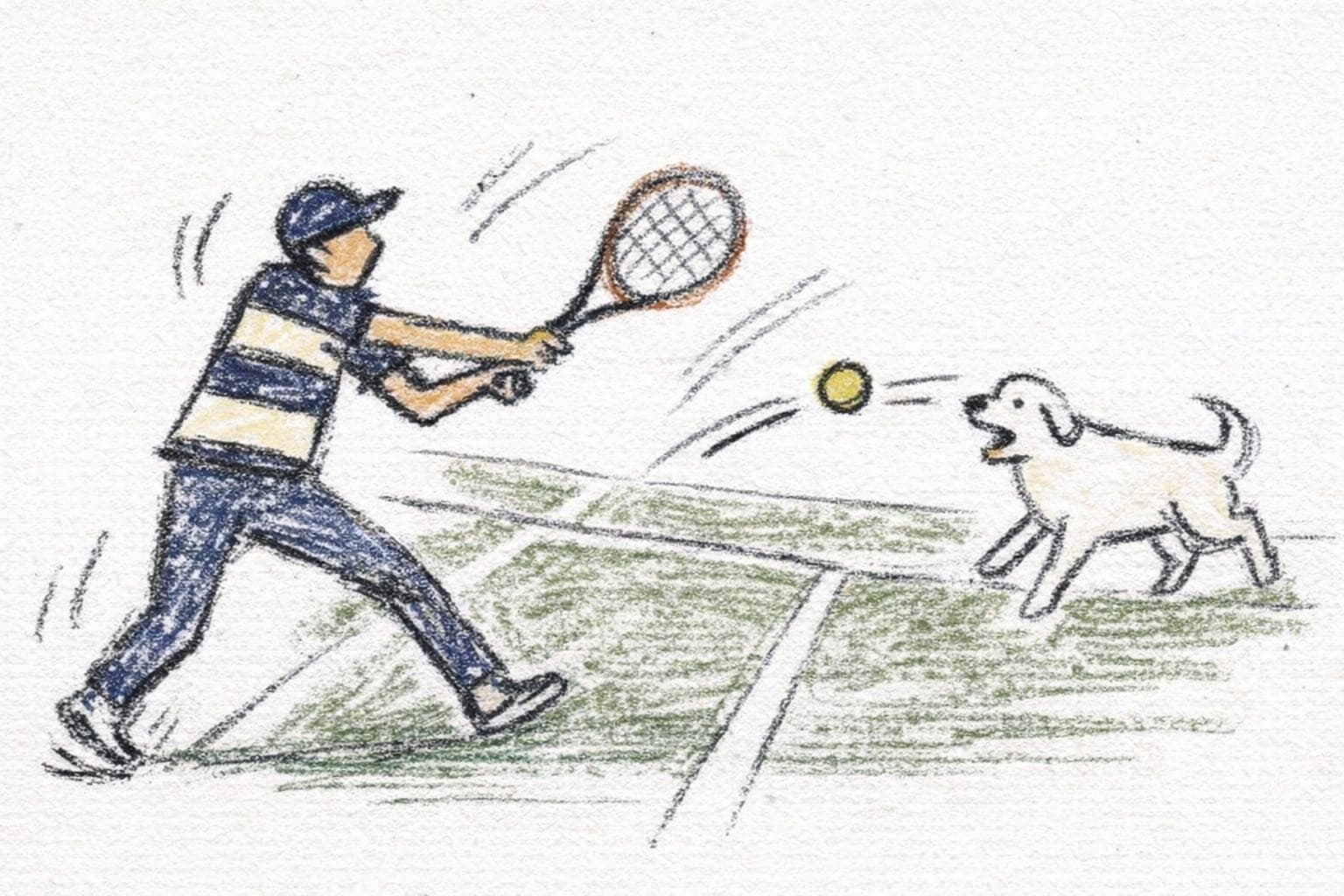 AI generated: man wearing jeans, two-tone striped polo (navy and cream), navy cap, hitting a tennis ball with a ra...