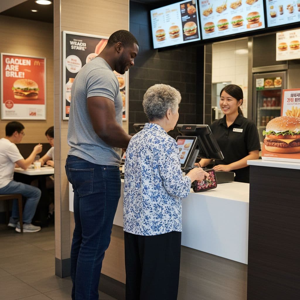 AI generated: A realistic photo-style image of a muscular Black man and a 70-year-old Korean grandmother standing ...