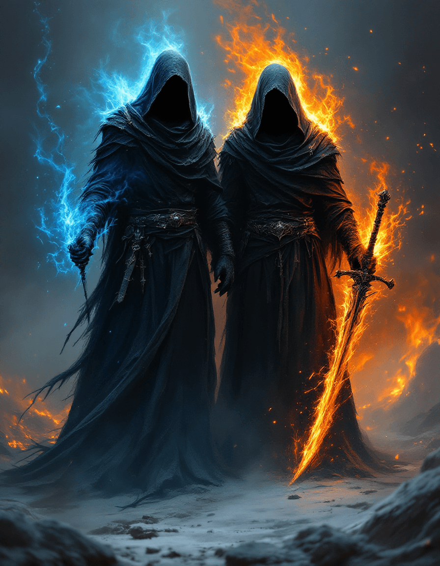AI generated: Two dark hooded figures stand side by side in a hyper-realistic dark fantasy setting. Both are cloak...