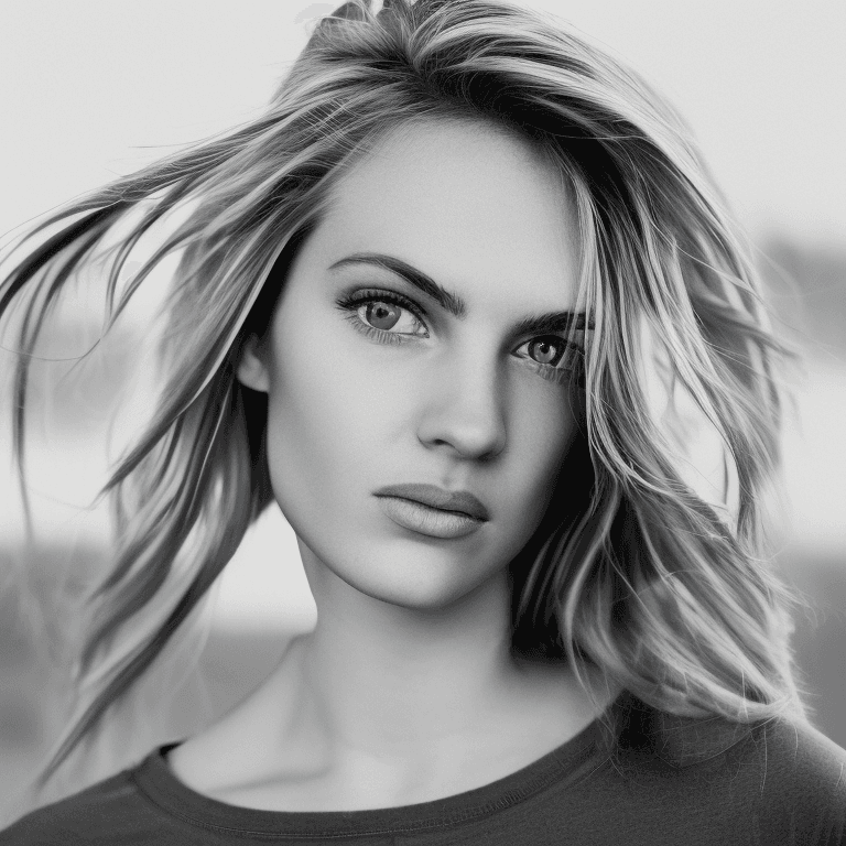 AI generated: silhouette style attractive young blonde woman with a slight smile, gorgeous light blue eyes are int...