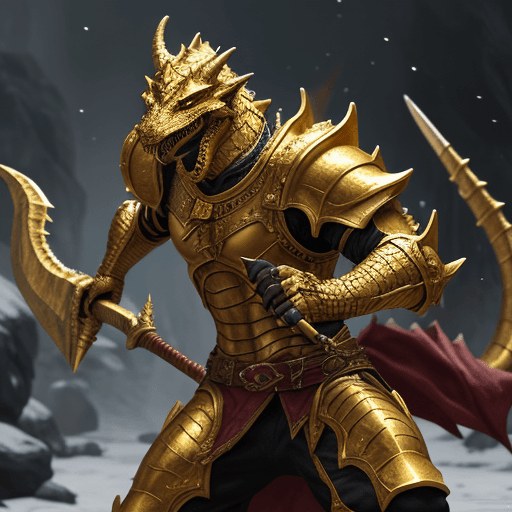 AI generated: A gold dragonborn spitting fire and holding a glaive in his hand