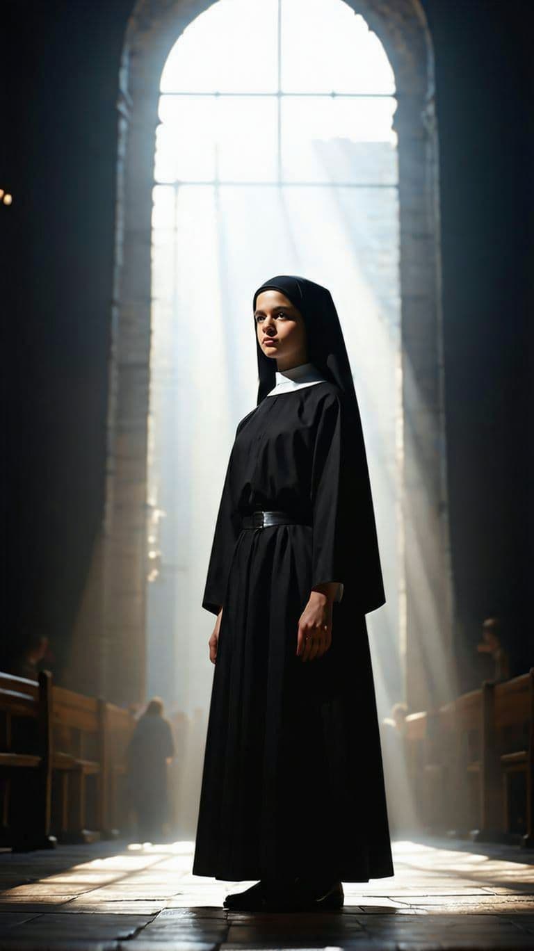 AI generated: Hyper realistic full body view of beautiful 14yo nun, Long Black Hair, big breastet, Wide hips, deli...