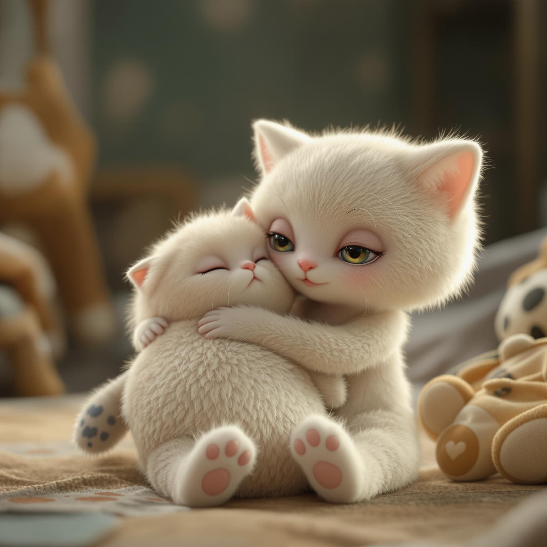AI generated: a beautiful and cute alien  babie , hugging and playing with a cat plush animal,the plush animal is ...