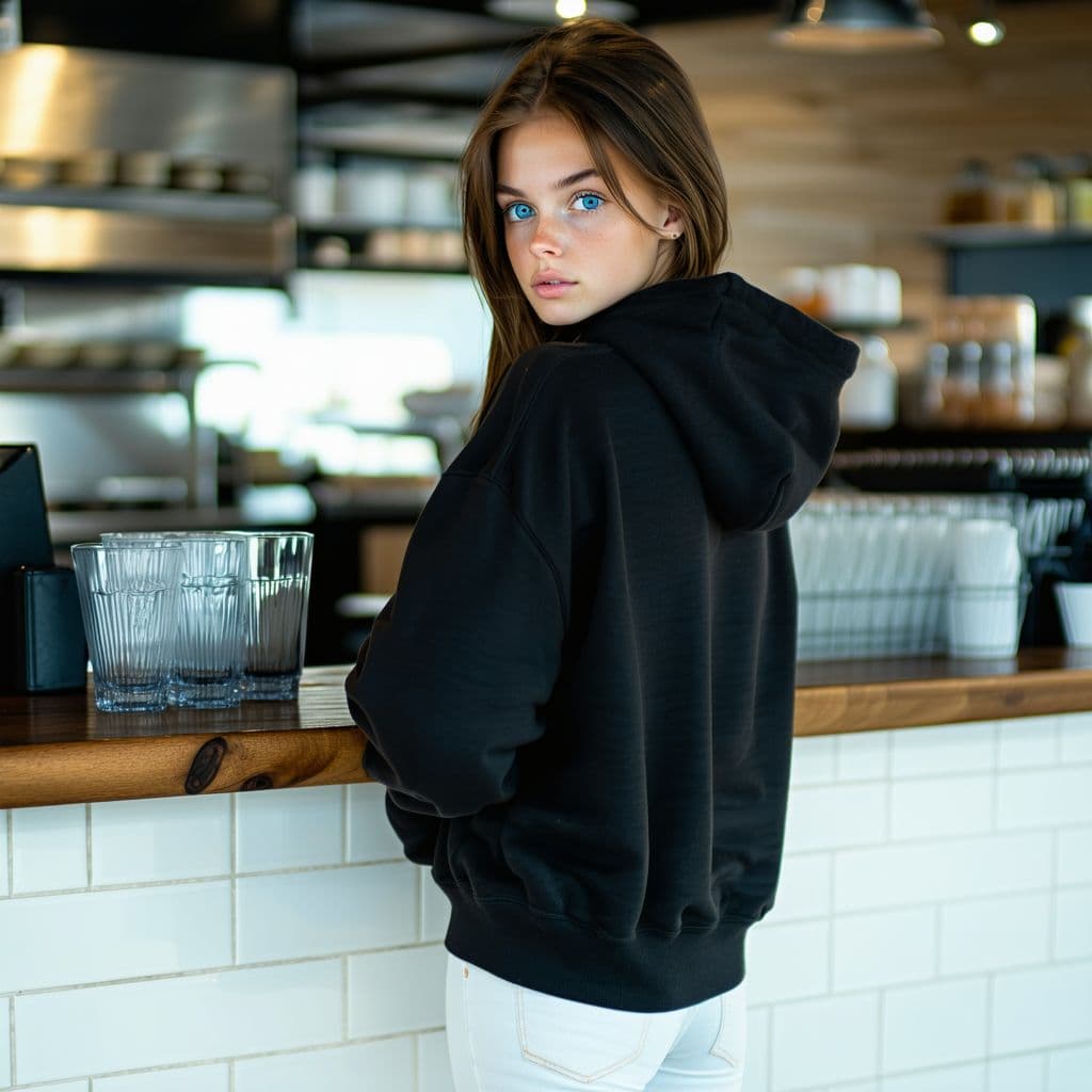 AI generated: beautiful European 22 years old girl with blue eyes and brown hair, she is standing dost from the ba...