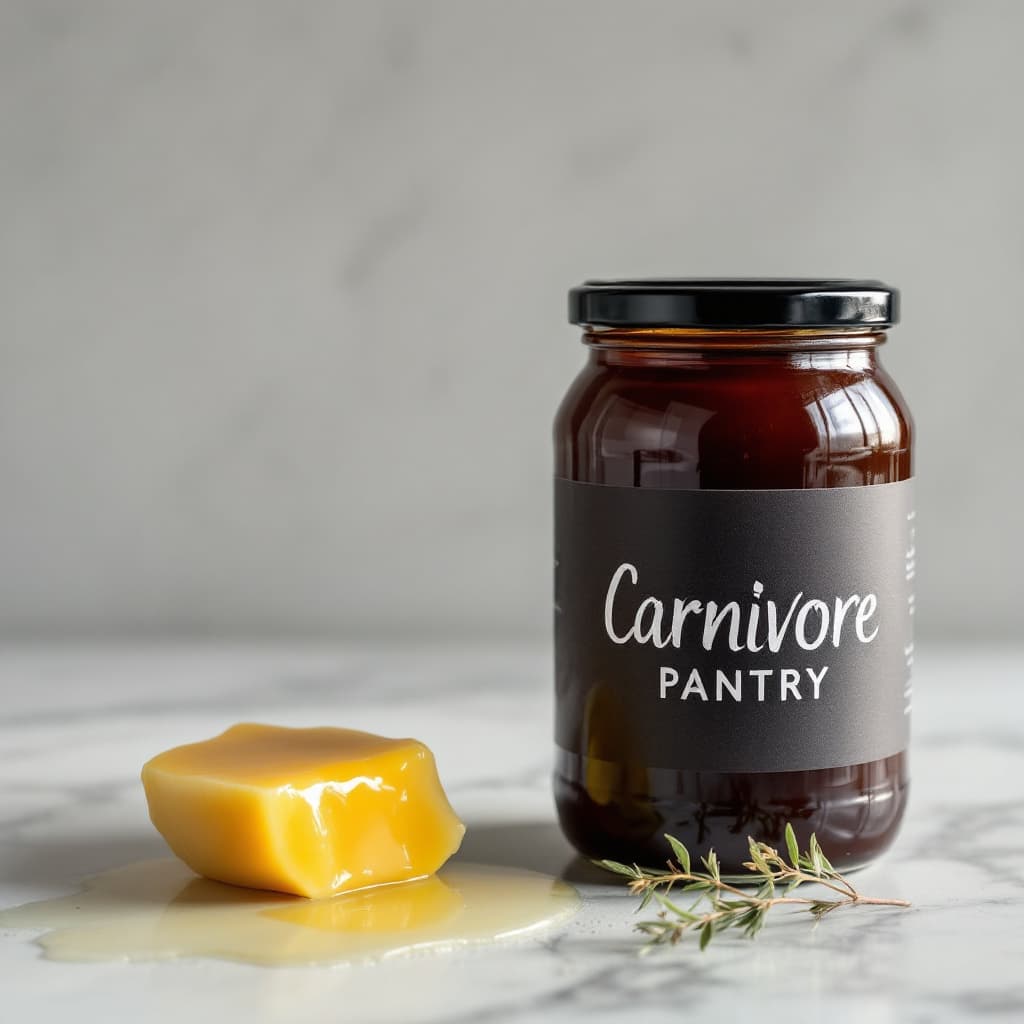 AI generated: Darker Photography of Carnivore Pantry with jar of Tallow, Ghee 
