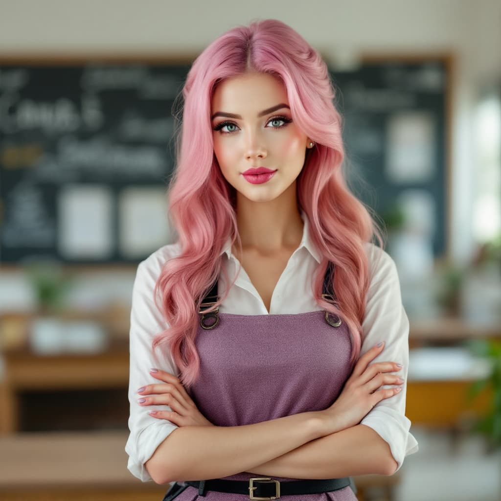 AI generated:  female.teacher, pink hair, perfect eyes, light makeup, gorgeous detailed teacher lipstick school ba...