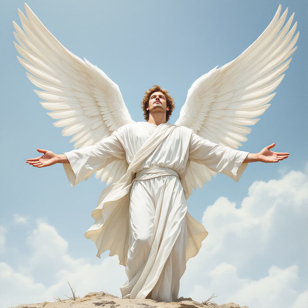 AI generated: An artist's drawing of a masculine male, a strong angel, light brown hair, a clean-shaven face, arms...