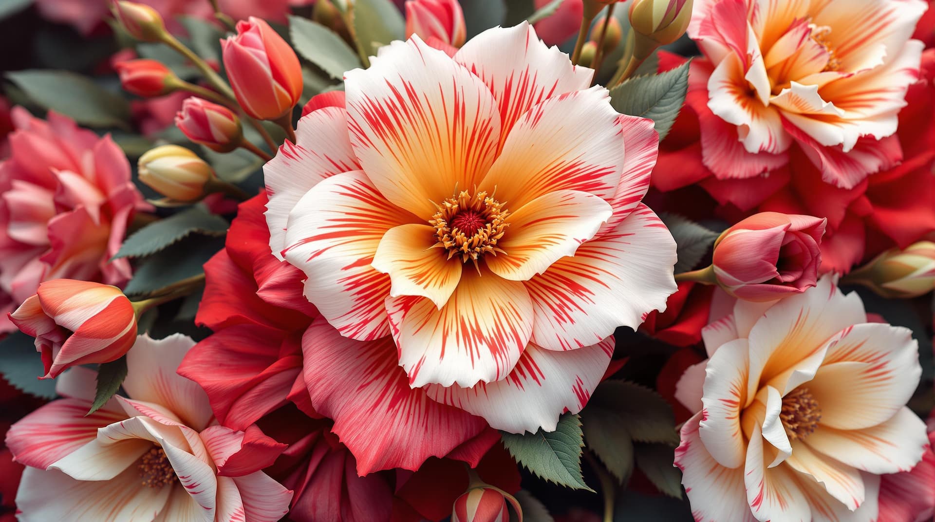 AI generated:  an abstract hybrid 3d fictive flowers and buds,close up in a kaleidoscope of colors,rose x camelia,...