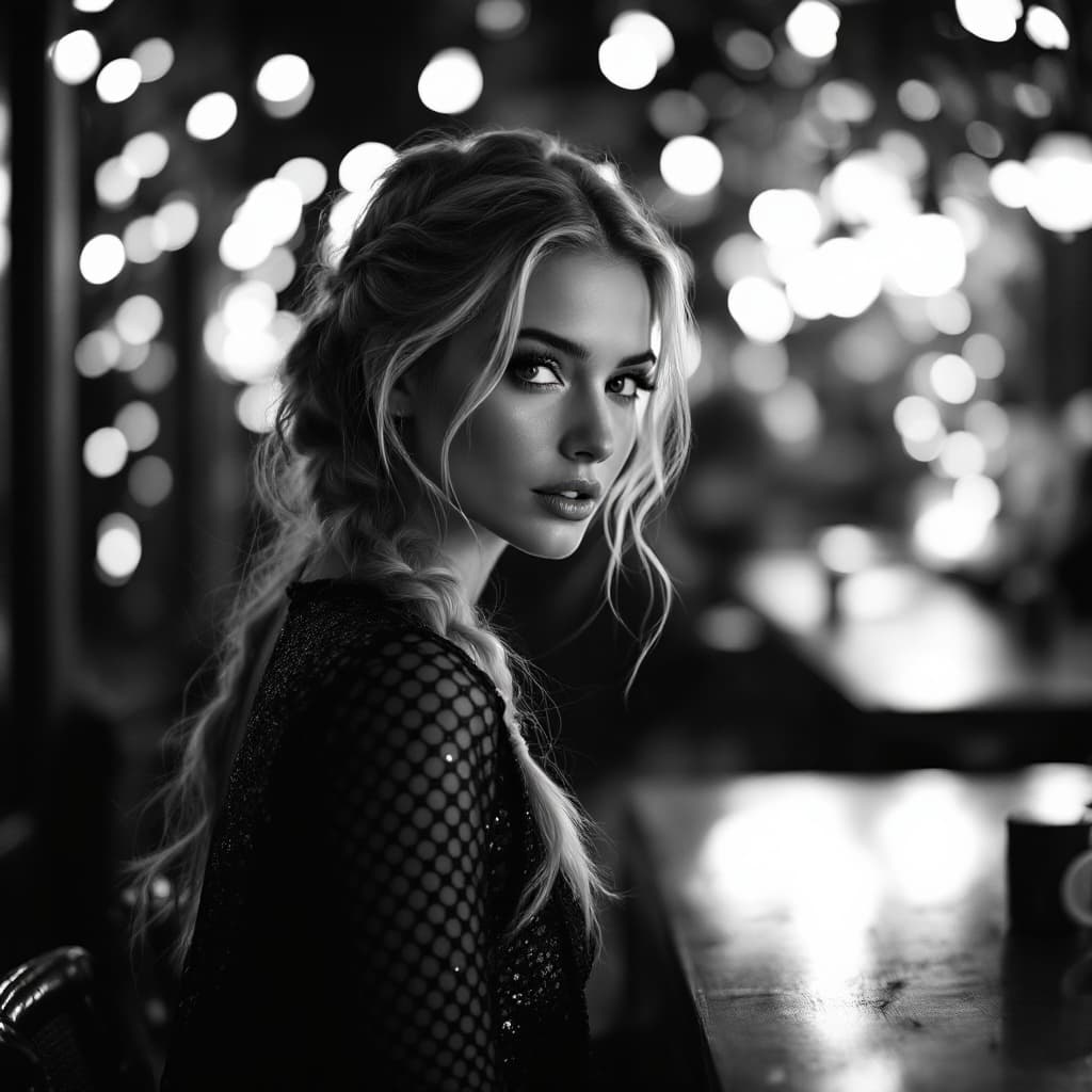 AI generated: black and white photography, fashion editorial, a blonde woman in french braid at night cafe, surrou...
