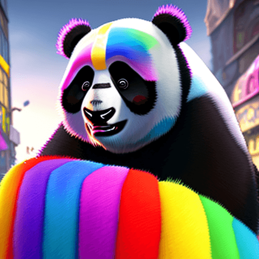 AI generated: A masterpiece-quality studio photo of a Super-HAIRY Rainbow Color SteamGoth PANDA, open posed amidst...