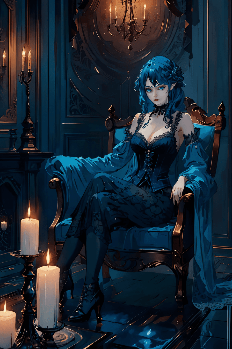 AI generated: Moody gothic boudoir Splash Art, watercolor, sorcerer with blue vest and black clothing, (gothic sty...