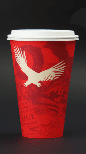 AI generated: Bold brand logo on red paper cup, medium realism level, art by Mamoru Oshii, glowstick, Bird view, s...