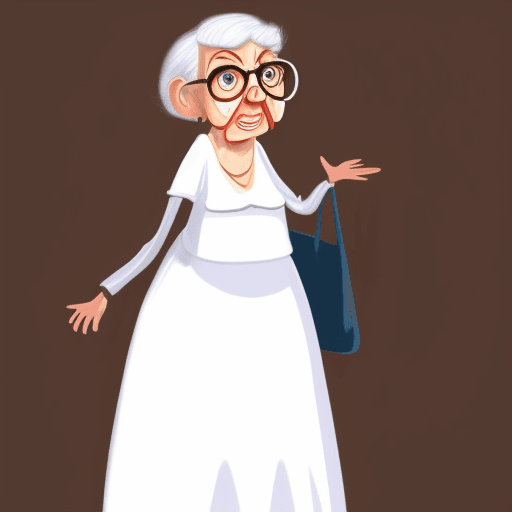 AI generated: old grumpy lady, really big round glasses, long white dress, cartoon, pixar style