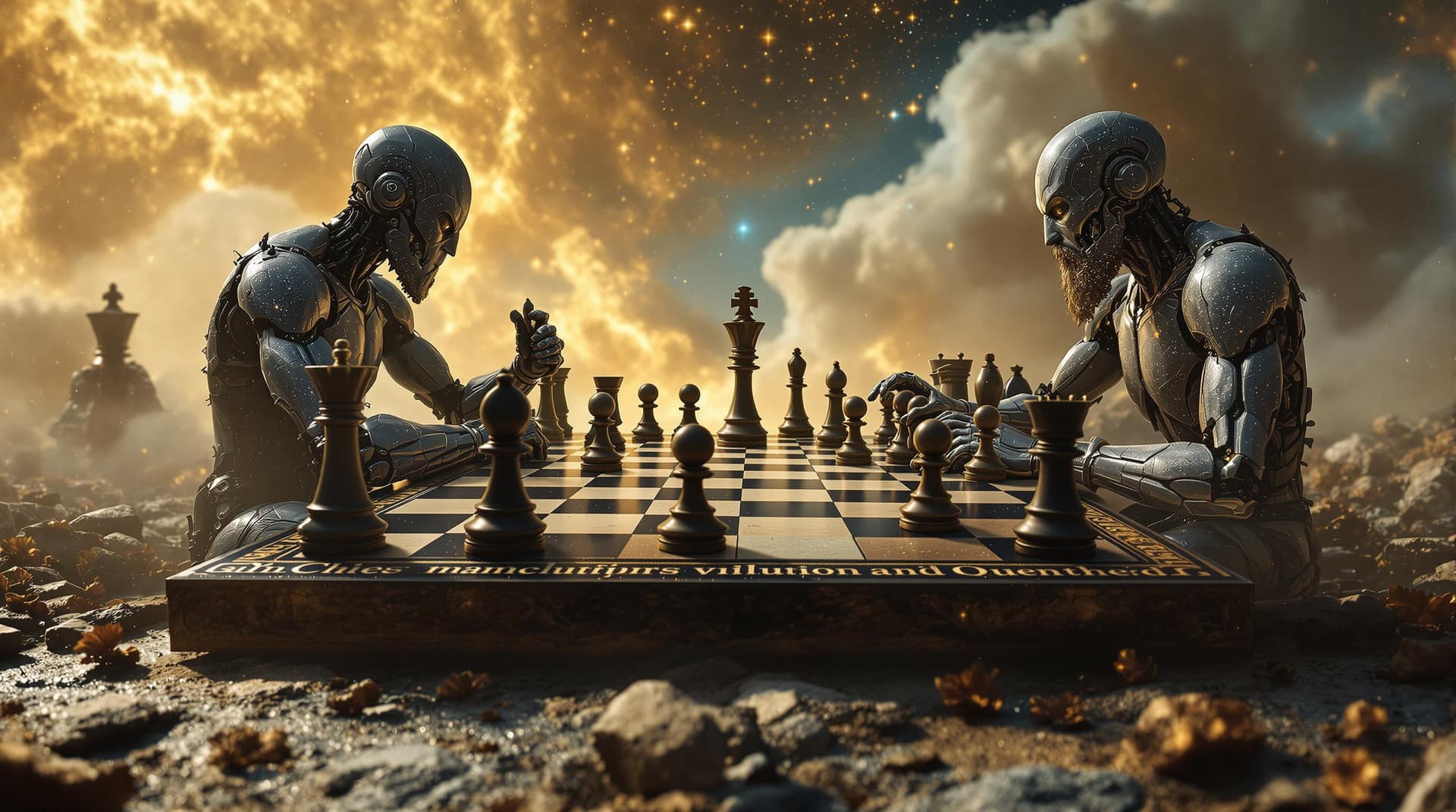 AI generated:  A hyper-realistic  scene: ,gods playing chess ,on a  game board featuring the universe. The pieces ...