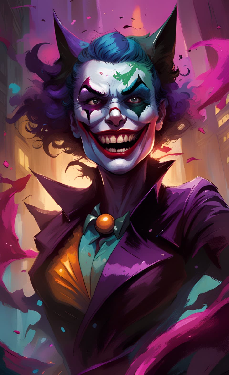 AI generated: Insane art poster portrait of Cat-woman as The Joker, aggressive smiling pose, vivid color, artistic...