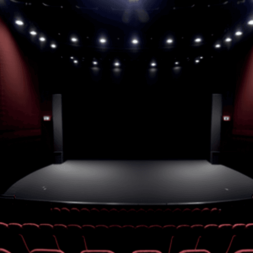 AI generated: A theater with staging for a city play, with a rectangular proscenium, three rows of seats, no peopl...