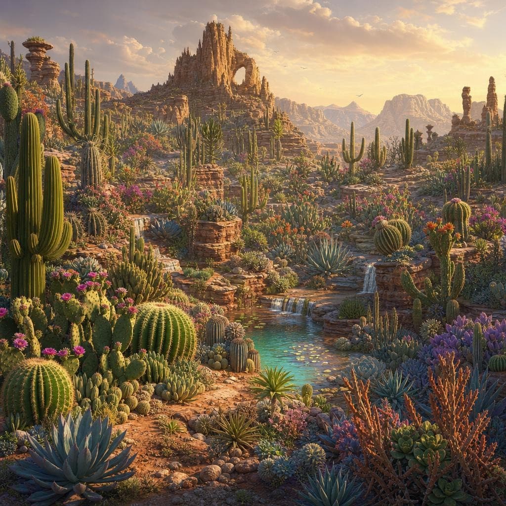 AI generated: Create a new and unique environment/Biome of  Cacti and Succulents → The dry lands (Land the Cacti a...