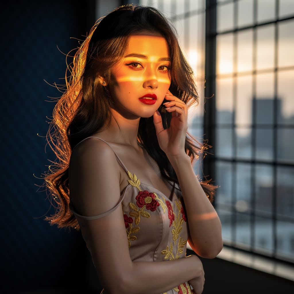 AI generated: A cinematic photorealistic boudoir portrait of a beautiful Asian woman standing. She is wearing a de...