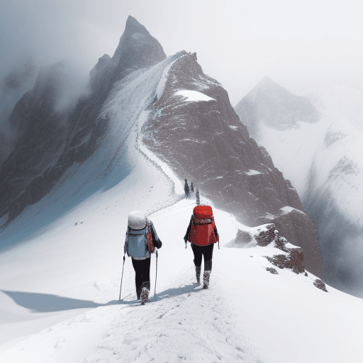 AI generated: Two travelers walking up a mountain covered in heavy snow