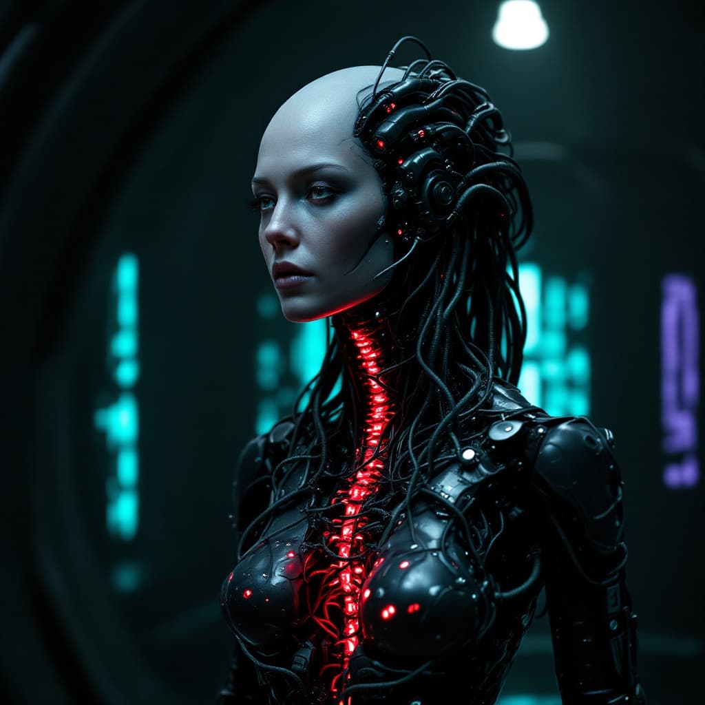 AI generated: 2/3rds body turn, The Borg Queen’s  body is a torso-only bust,  with a complex, red and dark-gray sp...