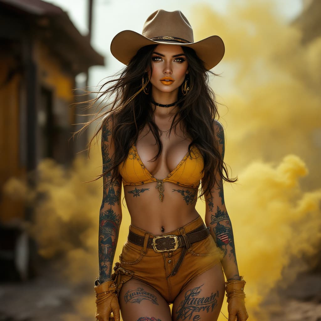 AI generated: A realistic, full body photograph of a perfect body, gorgeous female cowboy. She is wearing a light ...