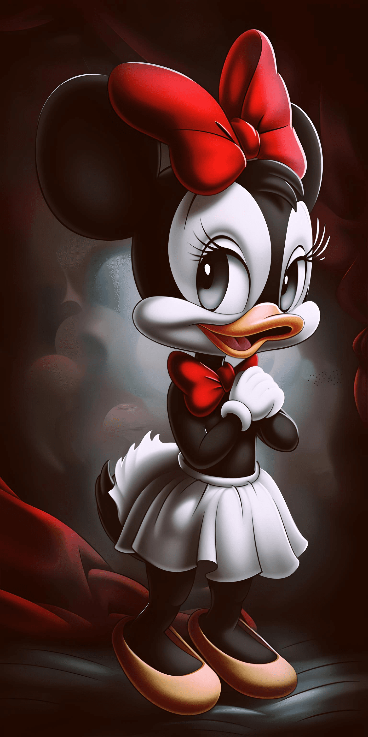 AI generated: Minnie Mouse, in the style of Disney, cartoon style, dark background, wearing a white skirt and a re...
