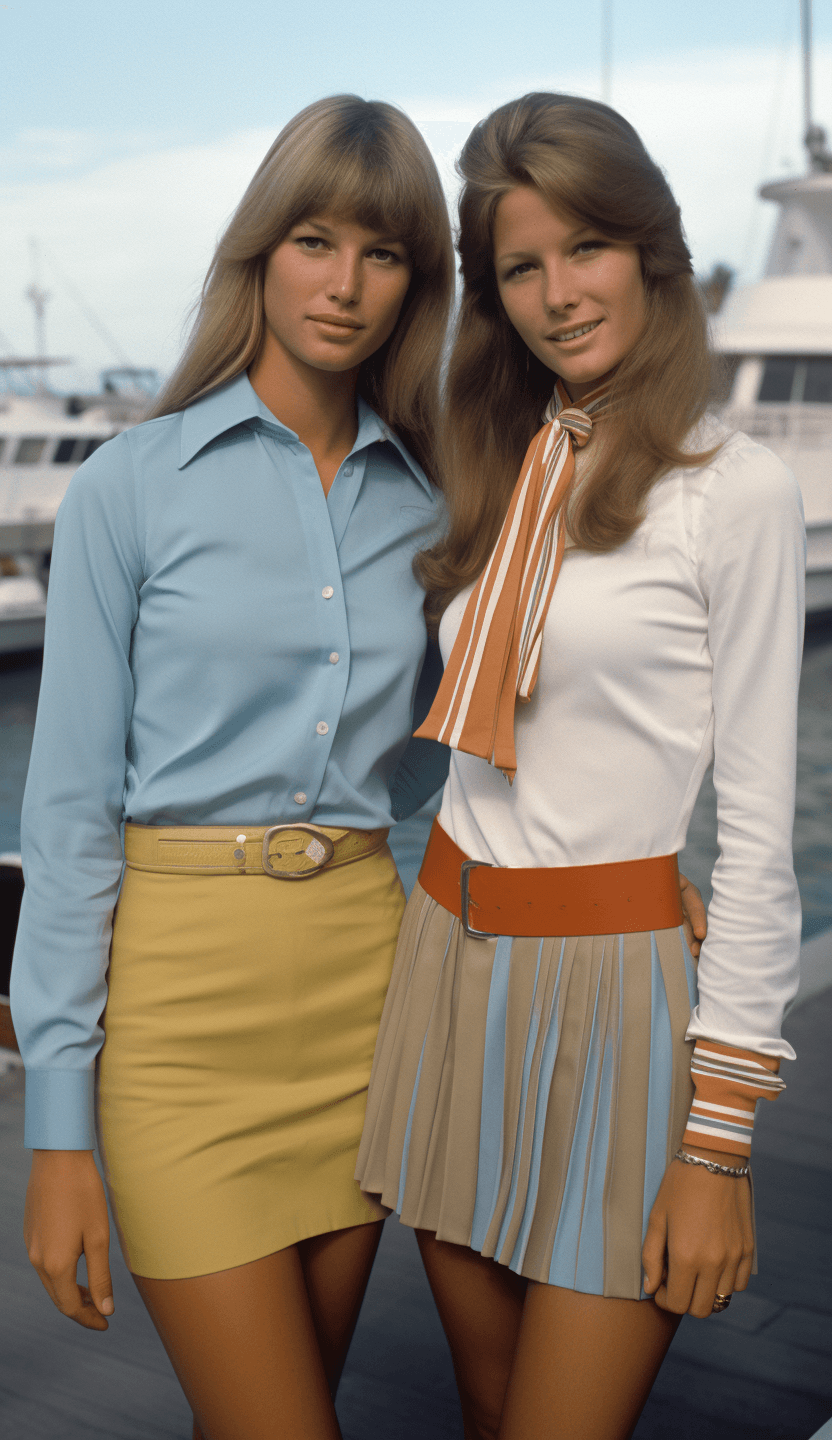 AI generated: two girls together, one wearing a dress and the other wearing a shirt and skirt, in the style of 197...
