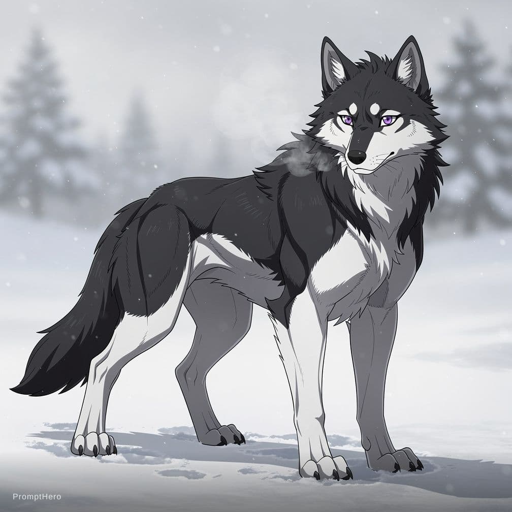 AI generated: feminine feral wolf, black and white wolf, feral, snowly background, purple eyes, female, adult fema...