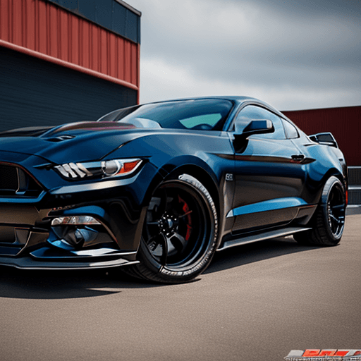 AI generated: photo of ford mustang boss, black tuned, black window tint, large rings and tires, 