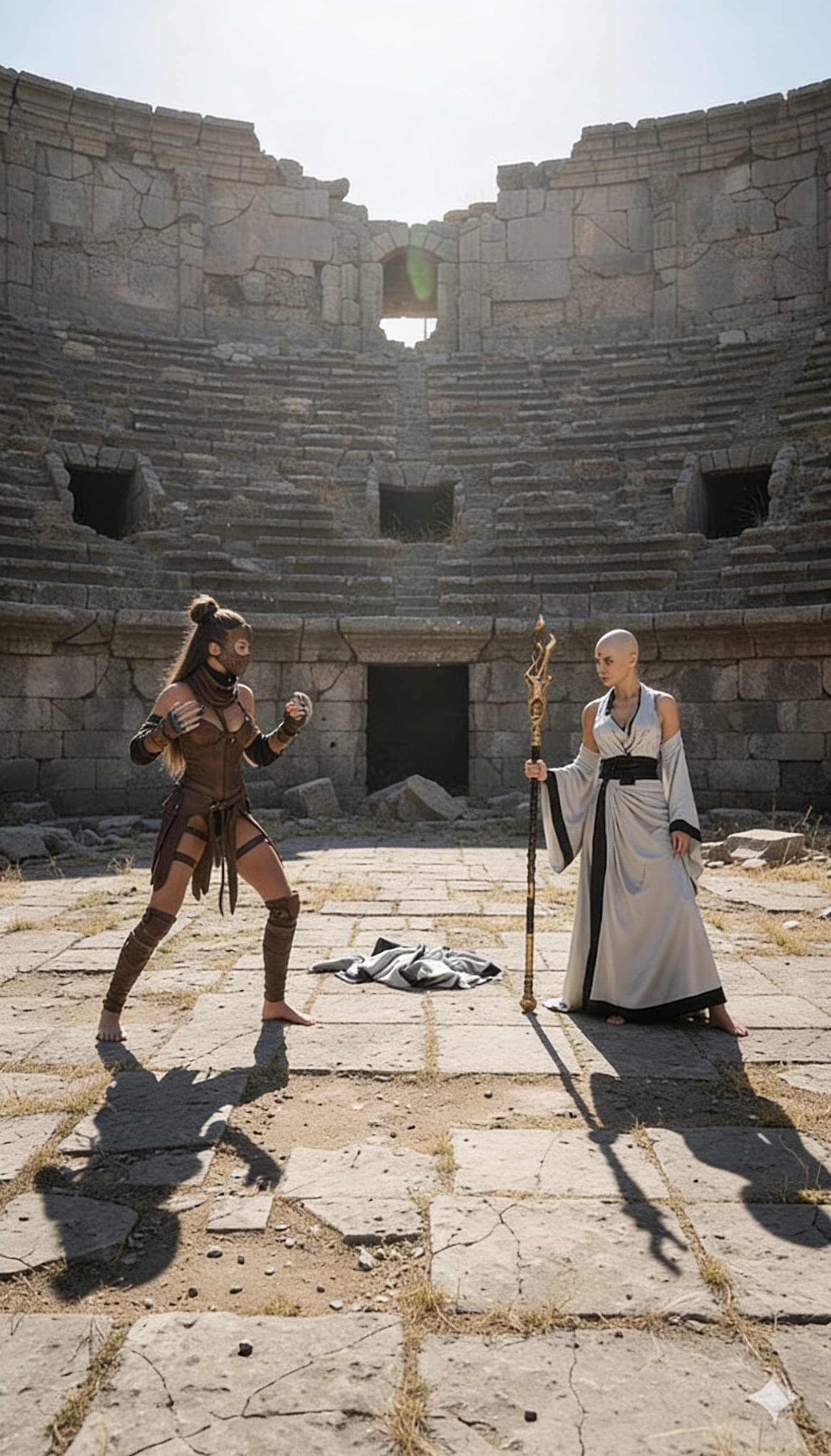 AI generated: Create a scene where woman1 and woman2 each other in a ruined, stone arena in the sun. Facing each o...