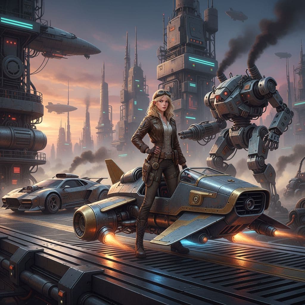 AI generated: Syd Mead style futuristic cyber dieselpunk hovercraft, full body shot of beautiful European young bl...