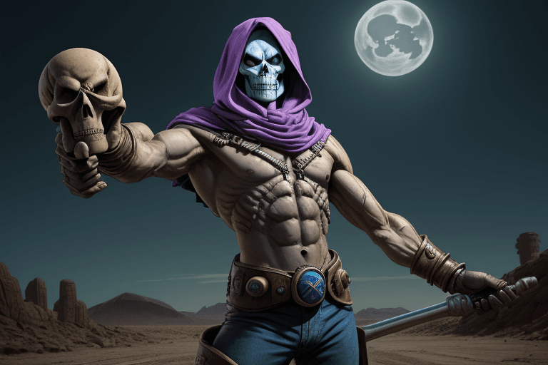 AI generated: skeletor, cowboy_shot, foreshortening, holding_staff, solo, wasteland
