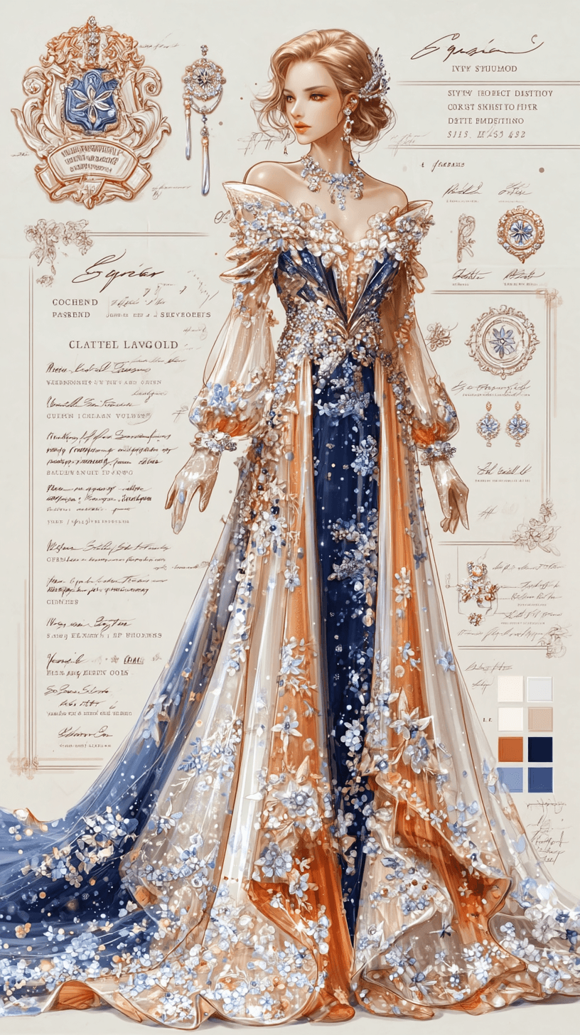 AI generated: A sophisticated fashion illustration of a graceful, elegant [subject] in a luxurious [gown color] ro...