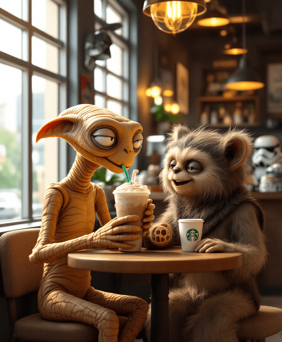 AI generated: E.T. the Extra-Terrestrial and an Ewok are sitting together in a modern coffee shop styled like a St...