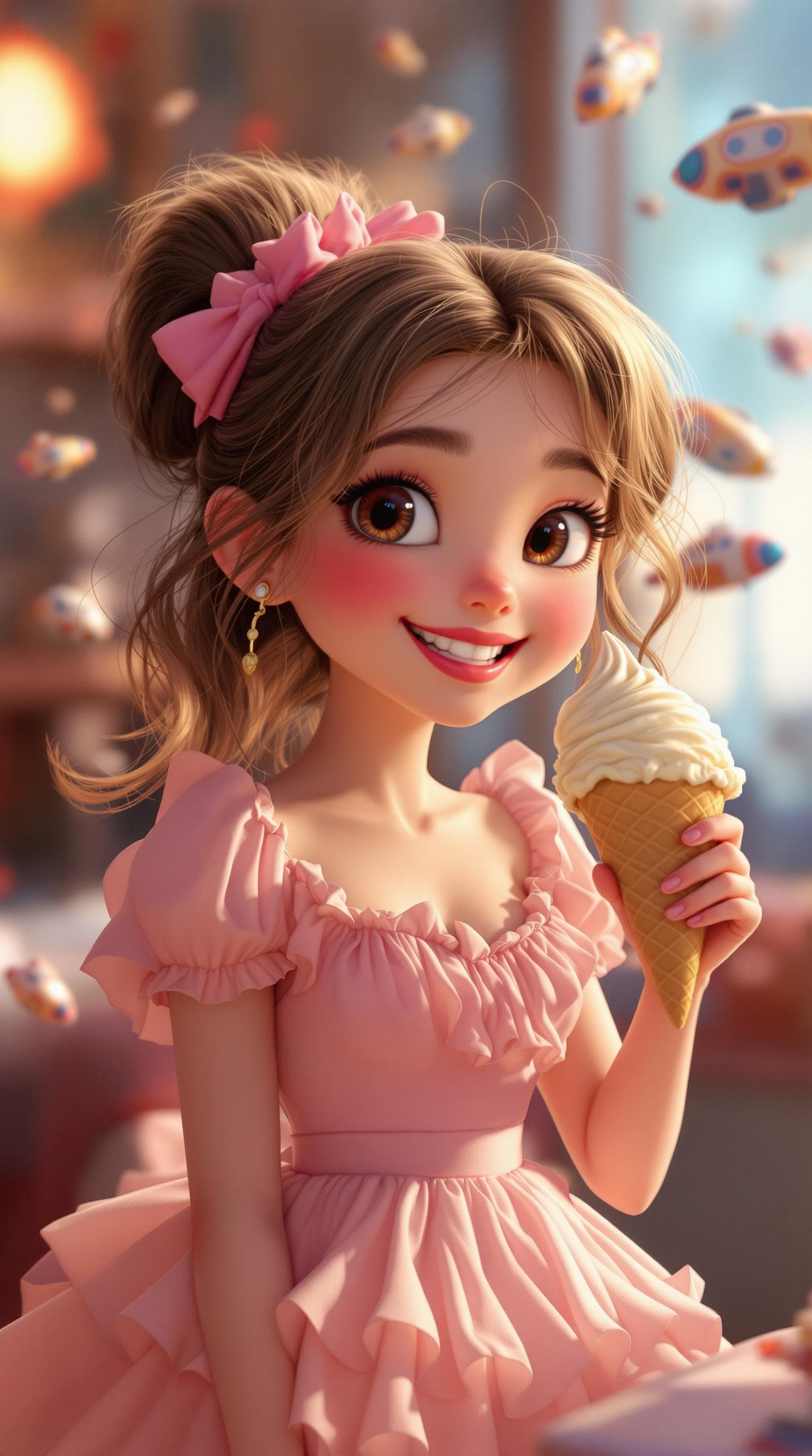 AI generated: cute, adorable, smiling Kaywinnet Lee Frye eating ice cream, wearing a pink ruffle dress like a ball...