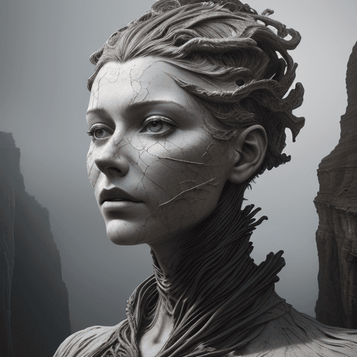 AI generated: art statue in cliffs, in the style of realistic hyper-detailed portraits, cryengine, detailed facial...